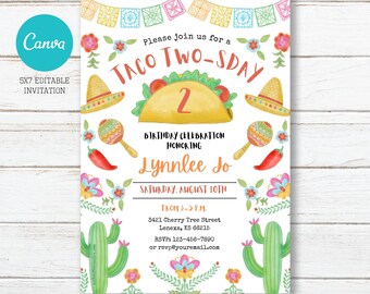 Taco Two-sday Birthday Party Invitation, Editable, Printable, Digital File, Digital Download