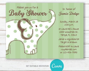 Green Elephant Baby Shower Invitations, Editable, Printable, Digital File, Digital Download