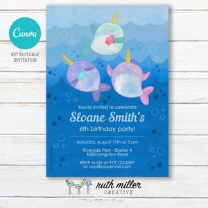 Narwhal Birthday Party Invitation, Editable, Printable, Digital File, Digital Download