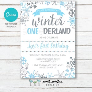 Blue Winter ONEderland Birthday Invitation, Editable, Printable, Digital File, Digital Download