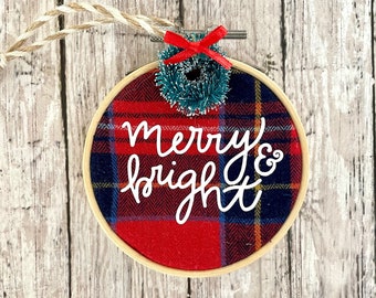 Embroidery Hoop Merry & Bright Red Flannel Ornaments, Christmas Ornaments, Rustic Holiday Decoration, Handmade Recycled Ornaments