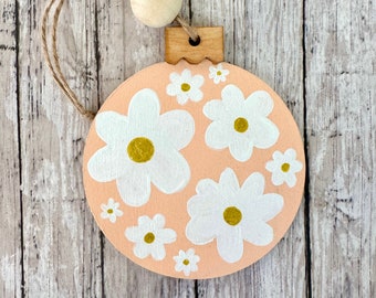 Hand Painted Peach Groovy Daisy Christmas Ornament, Hand Painted Wood Cutout Ornament, Rustic Farmhouse Decor