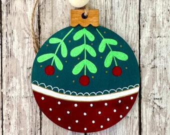 Hand Painted Dark Green Hanging Holly Christmas Ornament, Hand Painted Wood Cutout Ornament, Rustic Farmhouse Decor