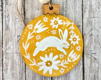 Hand Painted Mustard Yellow Rabbit Christmas Ornament, Hand Painted Wood Cutout Ornament, Rustic Farmhouse Decor