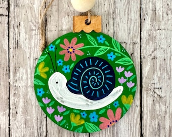 Hand Painted Green Snail Christmas Ornament, Hand Painted Wood Cutout Ornament, Rustic Farmhouse Decor