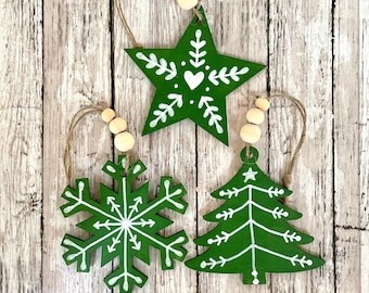 Hand Painted Green Cutout Set Of 3 Christmas Ornaments, Hand Painted Wood Cutout Ornaments, Rustic Farmhouse Decor