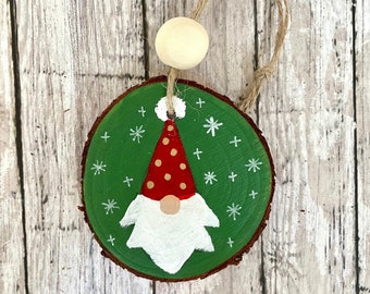 Hand Painted Green Gnome Christmas Ornament, Hand Painted Wood Slice Ornament, Rustic Farmhouse Decor