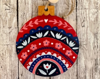 Hand Painted Red Nordic Christmas Ornament, Hand Painted Wood Cutout Ornament, Rustic Farmhouse Decor