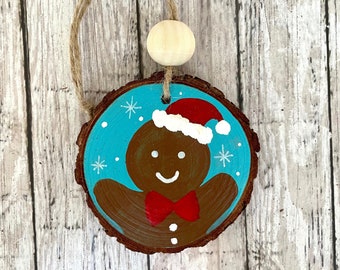 Hand Painted Blue Gingerbread Man Christmas Ornament, Hand Painted Wood Slice Ornament, Rustic Farmhouse Decor