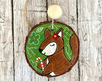 Hand Painted Green Squirrel Christmas Ornament, Hand Painted Wood Slice Ornament, Rustic Farmhouse Decor