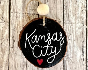 Hand Painted Black Kansas City Christmas Ornament, Hand Painted KC Wood Slice Ornament, Rustic Farmhouse Decor