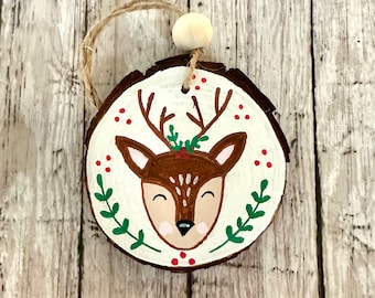 Hand Painted White Deer Christmas Ornament, Hand Painted Reindeer Wood Slice Ornament, Rustic Farmhouse Decor