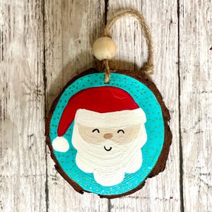 Hand Painted Blue Santa Christmas Ornament, Hand Painted Holiday Wood Slice Ornament, Rustic Farmhouse Decor
