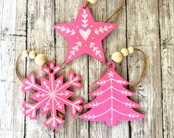 Hand Painted Pink Cutout Set Of 3 Christmas Ornaments, Hand Painted Wood Cutout Ornaments, Rustic Farmhouse Decor