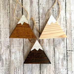 Hand Painted Set Of 3 Mountain Christmas Ornaments, Hand Painted Wood Triangle Ornaments, Rustic Farmhouse Decor