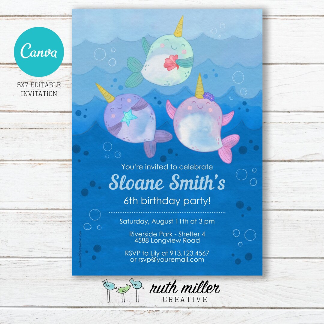Narwhal Birthday Party Invitation, Editable, Printable, Digital File ...