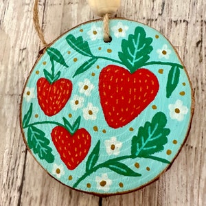 Hand Painted Blue Sweet Strawberries Christmas Ornament, Hand Painted Wood Slice Ornament, Rustic Farmhouse Decor image 2