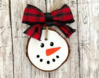 Hand Painted Snowman Christmas Ornament, Hand Painted Wood Slice Ornament, Rustic Farmhouse Decor