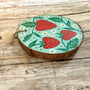 Hand Painted Blue Sweet Strawberries Christmas Ornament, Hand Painted Wood Slice Ornament, Rustic Farmhouse Decor image 3