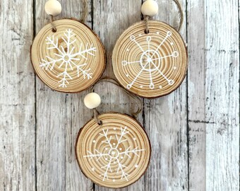 Hand Painted Snowflake Wood Slice Ornaments: Rustic Christmas Decor Ornaments (Set of 3)