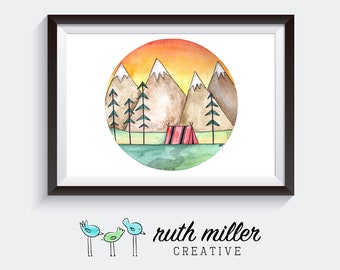 Watercolor Camp Sunset Art Print, Wall Art, Printable, Digital Download