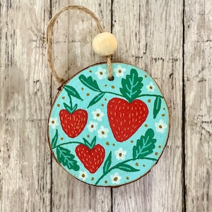 Hand Painted Blue Sweet Strawberries Christmas Ornament, Hand Painted Wood Slice Ornament, Rustic Farmhouse Decor image 1