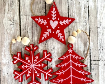 Hand Painted Red Cutout Set Of 3 Christmas Ornaments, Hand Painted Wood Cutout Ornaments, Rustic Farmhouse Decor