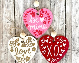 Pink, White & Red Hand Painted Set Of 3 Valentine Heart Ornaments, Hand Painted Wood Cutout Ornaments, Rustic Farmhouse Decor