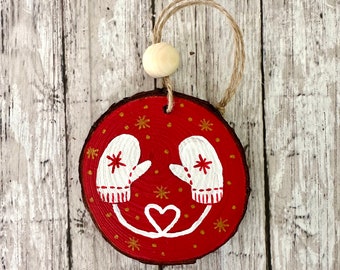 Hand Painted Red Mittens Christmas Ornament, Hand Painted Wood Slice Ornament, Rustic Farmhouse Decor