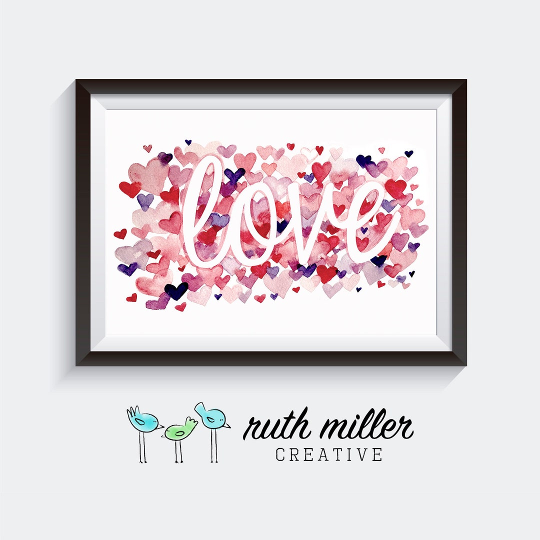 Watercolor Love With Hearts Art Print, Wall Art, Printable, Digital ...