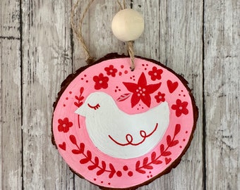 Hand Painted Pink Dove Christmas Ornament, Hand Painted Wood Slice Ornament, Rustic Farmhouse Decor