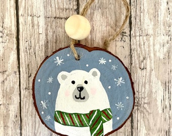 Hand Painted Blue Polar Bear Christmas Ornament, Hand Painted Wood Slice Ornament, Rustic Farmhouse Decor