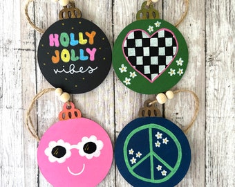 Hand Painted Multi Color Groovy Set Of 4 Christmas Ornaments, Hand Painted Wood Cutout Ornaments, Seventies Inspired Ornaments