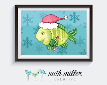Santa Fish Christmas Art Print, Wall Art, Printable, Digital Download