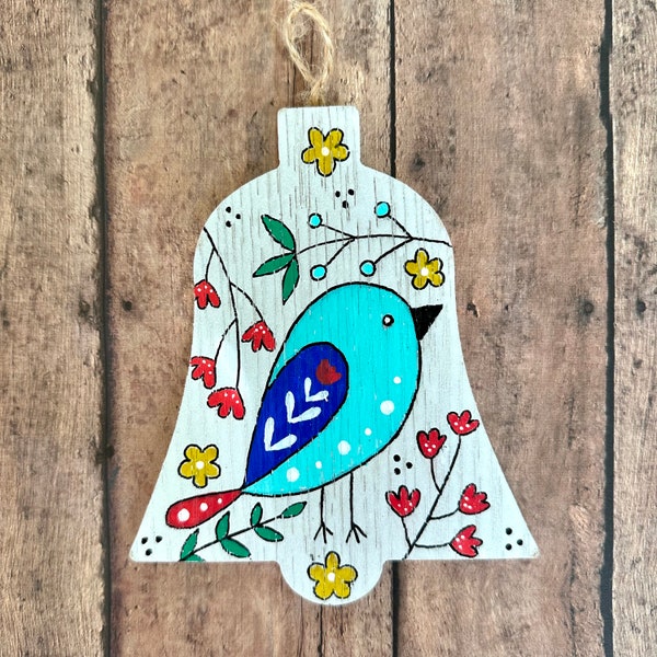 Hand Painted White Bird Bell Christmas Ornament, Hand Painted Bell Cutout Ornament, Rustic Farmhouse Decor