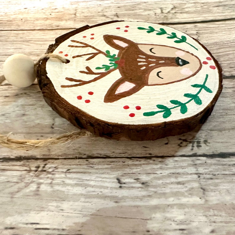 Hand Painted White Deer Christmas Ornament, Hand Painted Reindeer Wood