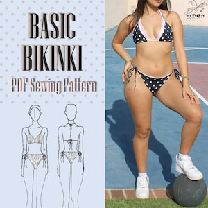 Könnte beinhalten: Schwarz-weiß gepunkteter Bikini mit rosa Besatz. Der Bikini wird am Hals und an den Seiten gebunden. Das Bild enthält auch den Text "BASIC BIKINI PDF Sewing Pattern" und zwei Strichzeichnungen von Bikini-Designs.