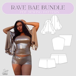 May include: A silver metallic rave outfit, including a hooded top with flared sleeves, a tube top, and shorts. The image also features a PDF sewing pattern with the text "RAVE BAE BUNDLE".