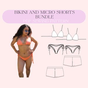 Può includere: Un cartamodello PDF intitolato BIKINI AND MICRO SHORTS BUNDLE. L'immagine mostra una persona che indossa un set bikini arancione con laccetti laterali e include disegni tecnici al tratto di un top bikini, slip e micro pantaloncini.