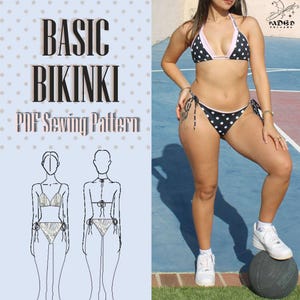 May include: A black and white polka dot bikini with light pink trim, featuring a triangle top and side-tie bottoms. The image includes text reading BASIC BIKINKI PDF Sewing Pattern and a line drawing illustration of the front and back of the bikini.