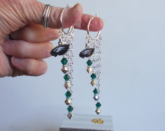 Philadelphia Eagles Green and Silver Crystal Long Hoop Earrings