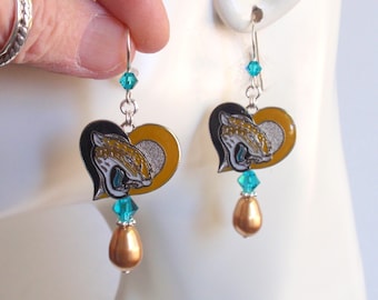 Jacksonville Jaguars Gold Pearl Teal Crystal SS Ear Wire Earrings