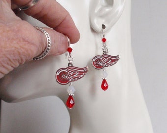 Detroit Red Wings Red and White Opal Crystal SS Ear Wire Earrings