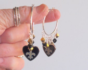 New Orleans Saints Black and Metallic Gold Crystal 32 mm Hoop Earrings