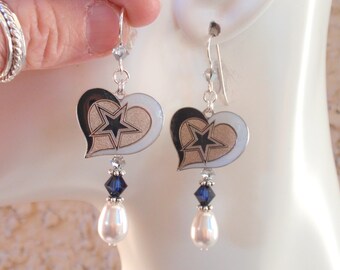 Dallas Cowboys White Pearl Navy and Silver Crystal Earrings