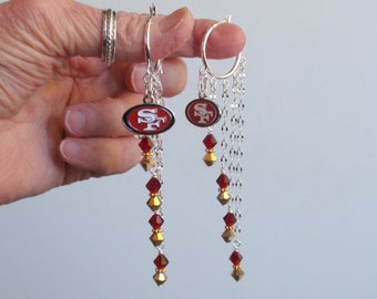 SF 49ers Red and Metallic Gold Crystal Long Hoop Earrings