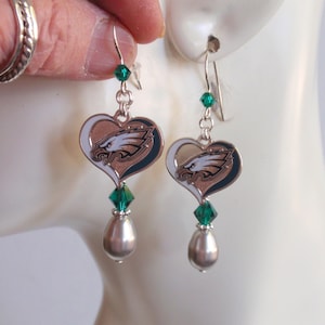 Philadelphia Eagles Silver Pearl Green Crystal Earrings