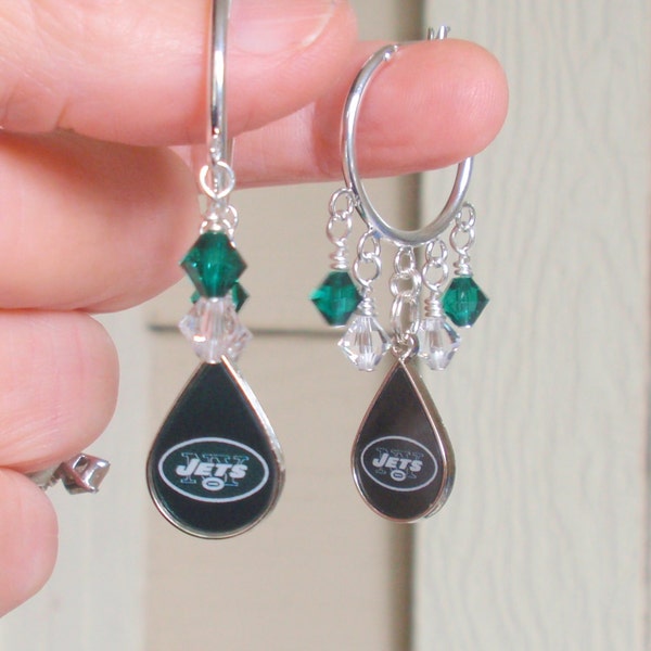 NY Jets Green and Clear Crystal Women's 23 mm Hoop Earrings