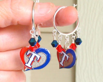 Texas Rangers Red and Blue Crystal Heart Charm 23 mm Hoop Earrings