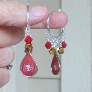 SF 49ers Red and Gold Crystal Tear Drop Charm 23 mm Hoop Earrings